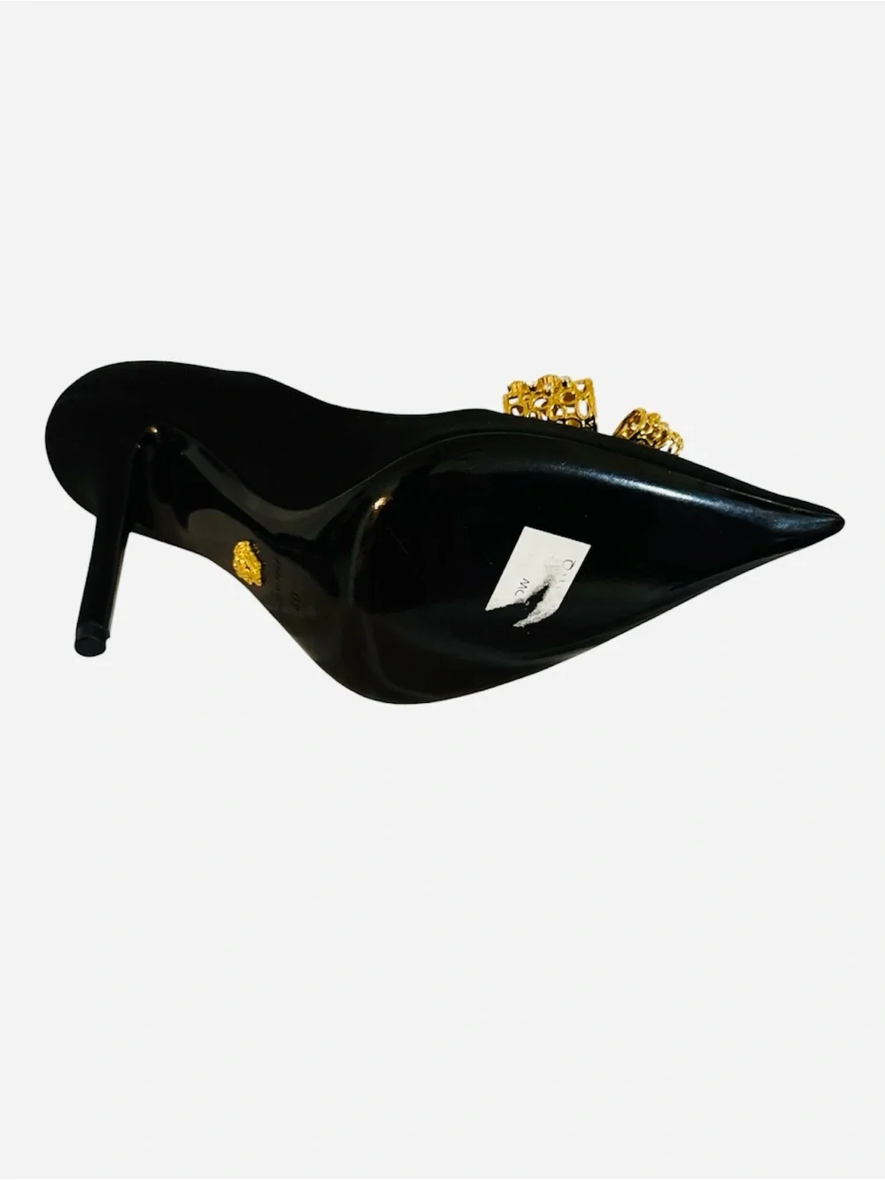 Versace Black Satin Pumps With Embellished Gold & Crystal Bow Sz EU40/US10 (New)